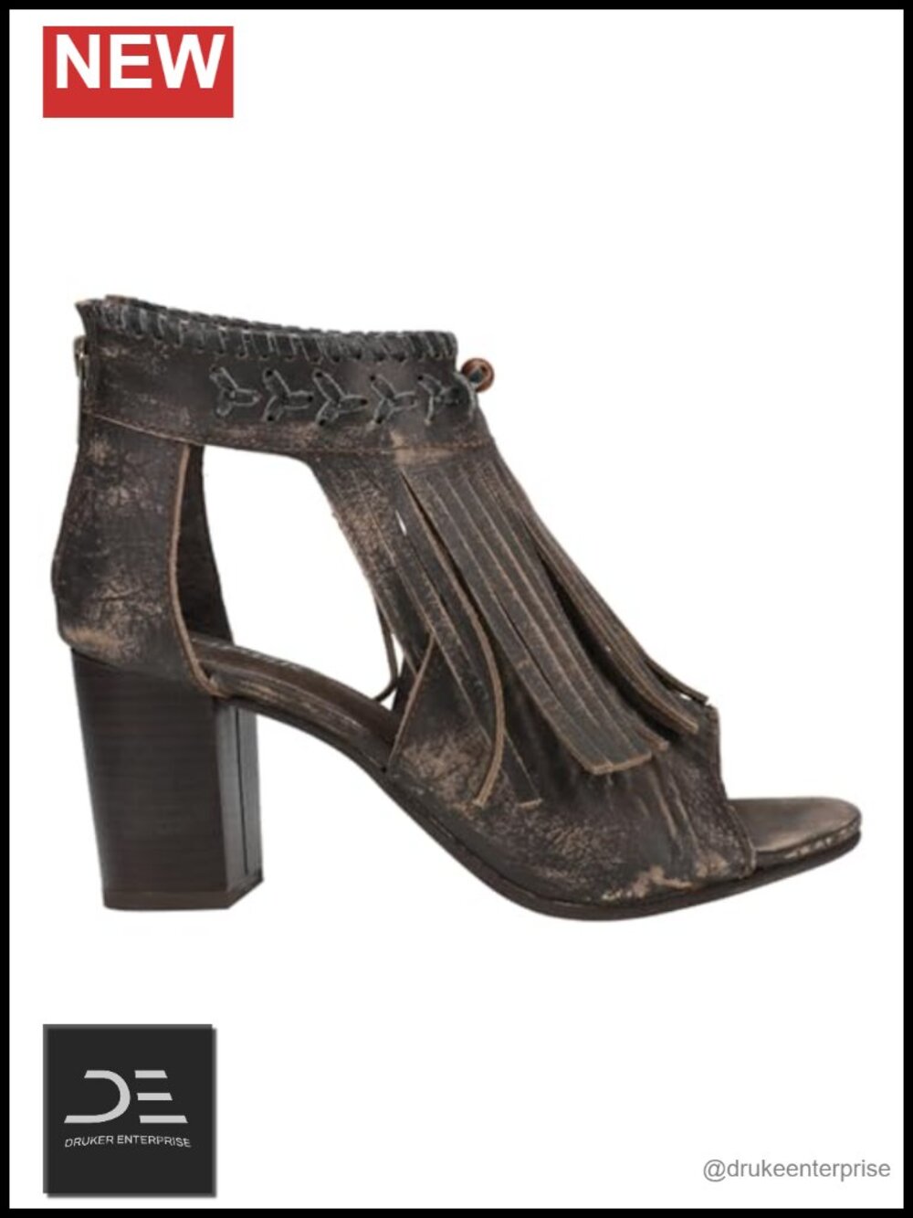 Leather Western Fringe Block Heel Sandals Peep Toe Slip On Ankle Strap